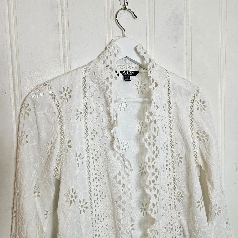 Lauren Ralph Lauren White Lace Eyelet Embroidered Open-Front Duster PS P - Picture 3 of 13